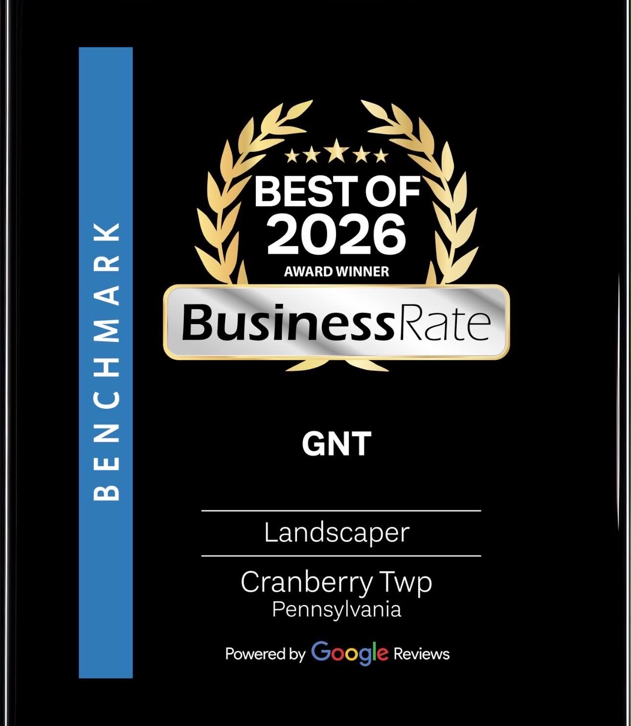 BusinessRate Best of 2026 award winner plaque for GNT in the Landscaper category, Cranberry Twp, Pennsylvania