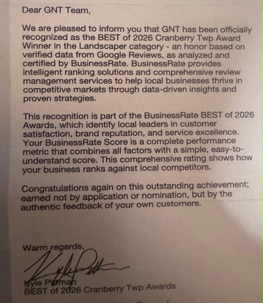 Letter confirming GNT as a BusinessRate Best of 2026 Cranberry Twp award winner in the Landscaper category, based on Google Reviews